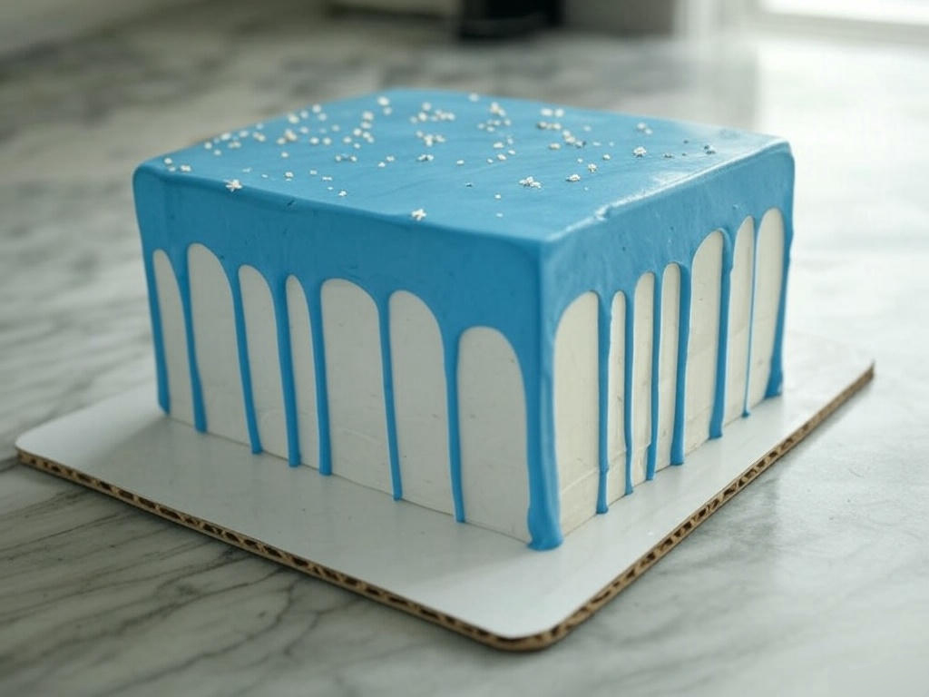 Rectangular blue gender reveal cake with a drip effect and tiny edible stars, placed on a marble countertop