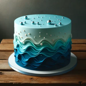 A hyper-realistic single-tier blue gender reveal cake with fondant waves and a subtle ombre effect, transitioning from deep blue at the base to a light blue at the top