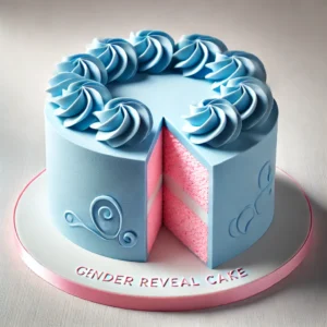 A hyper-realistic single-tier blue gender reveal cake with soft buttercream swirls. The cake has a hidden pink center, revealed by a small cut slice.