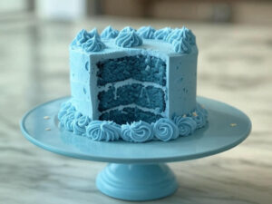 Small blue gender reveal cake with rosettes and a hidden blue interior, displayed on a pastel blue stand