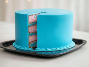 Blue gender reveal cake with a minimalist design, smooth icing, and a subtle pink swirl inside, on a sleek black tray