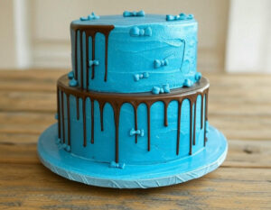 Blue gender reveal cake with a two-tier design and chocolate ganache drips, accented with tiny blue bows